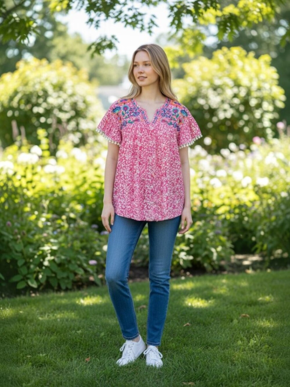 Umgee Pink Embroidered V-Neck Women's Top Oversized S